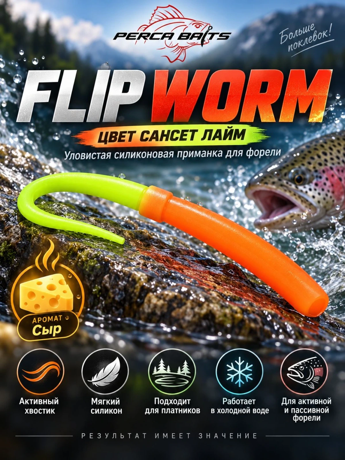 Силиконовая приманка Perca Baits Flip Worm 60 мм (2.3"), цвет Сансет Лайм, аромат Сыр, 6 шт / Плавающий съедобный силикон на форель и окуня для микроджига