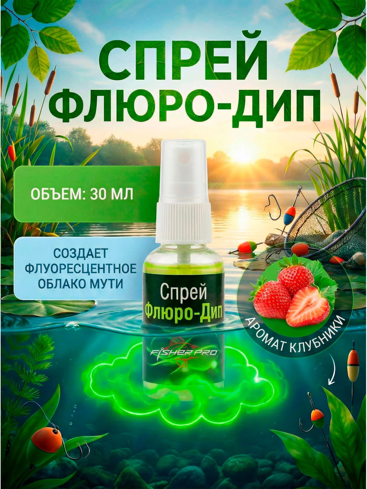 Флуоресцентный ароматический дип для рыбалки с ароматом Клубники, 30 мл